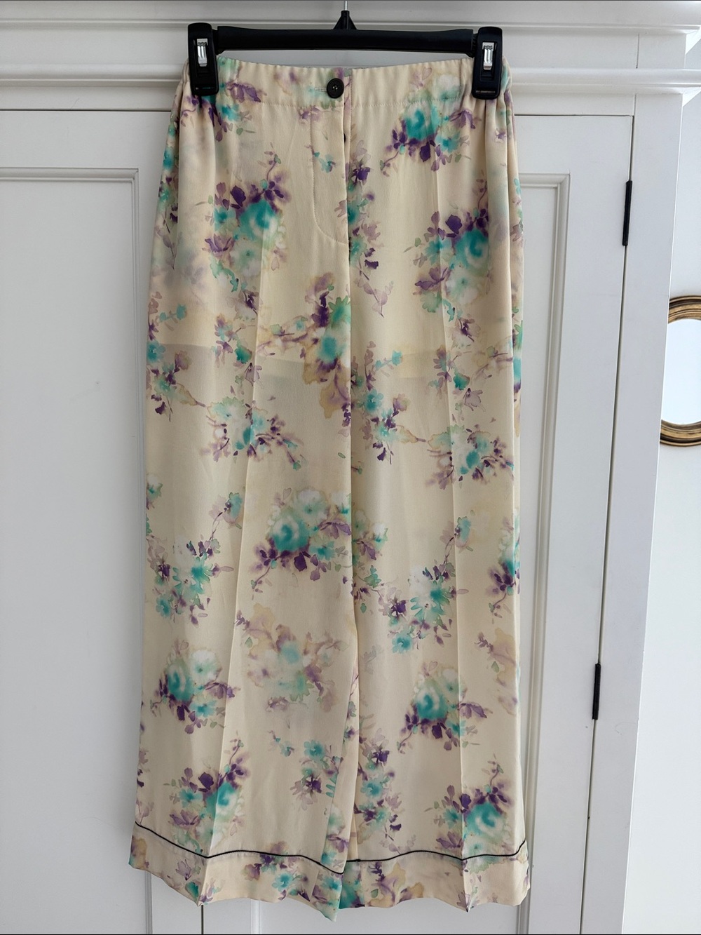 Miu Miu Cream Floral Silk Wide-Leg Silk Pants with Teal & Purple Print